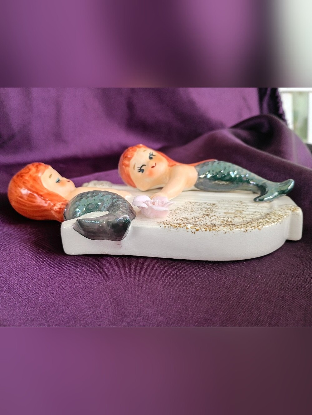 Vintage Ceramic Twin Mermaid Wall Plaque - Orange Hair, Aqua Tails - Picture 2 of 9